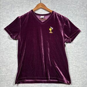 Vtg Tweety Bird Velvet T-Shirt Tee Sz L Warner Bros‎ Womens Purple